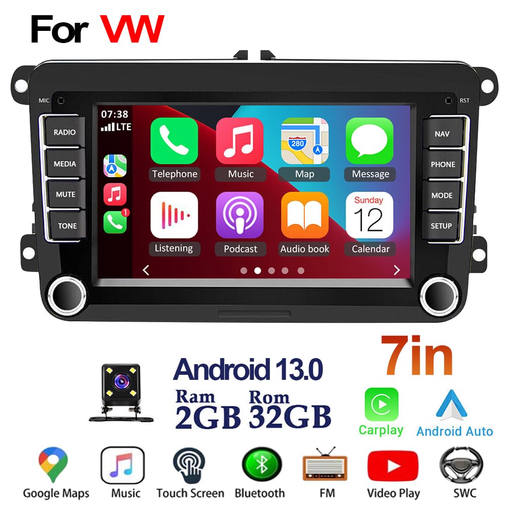 2+32G Android 13 Autoradio pour VW Tiguan 2009-2015 2016 2017 avec sans Fil CarPlay Android Auto, 7 Pouces Radio Stéréo avec Navigation GPS Bluetooth Wi-FI FM RDS Caméra de recul Incluse