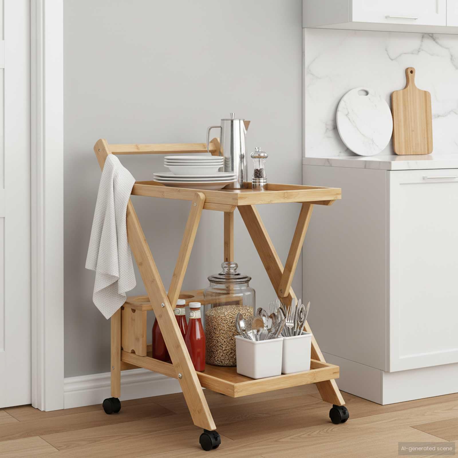 Carrello da cucina con ruote, in bambù, marrone chiaro, 65 x 40,5 x 76,5 cm, pieghevole, con portabottiglie e vano portaoggetti, per sala da pranzo, cucina, ufficio, mobile e stabile