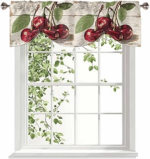 Watercolor Red Cherry on Wood Tie Up Valance for Kitchen Windows Adjustable Rod Pocket Window Treatment Valances, Vintage Farm Fruit Wooden Board Window Curtain Panel for Bathroom Bedroom,54"x18"