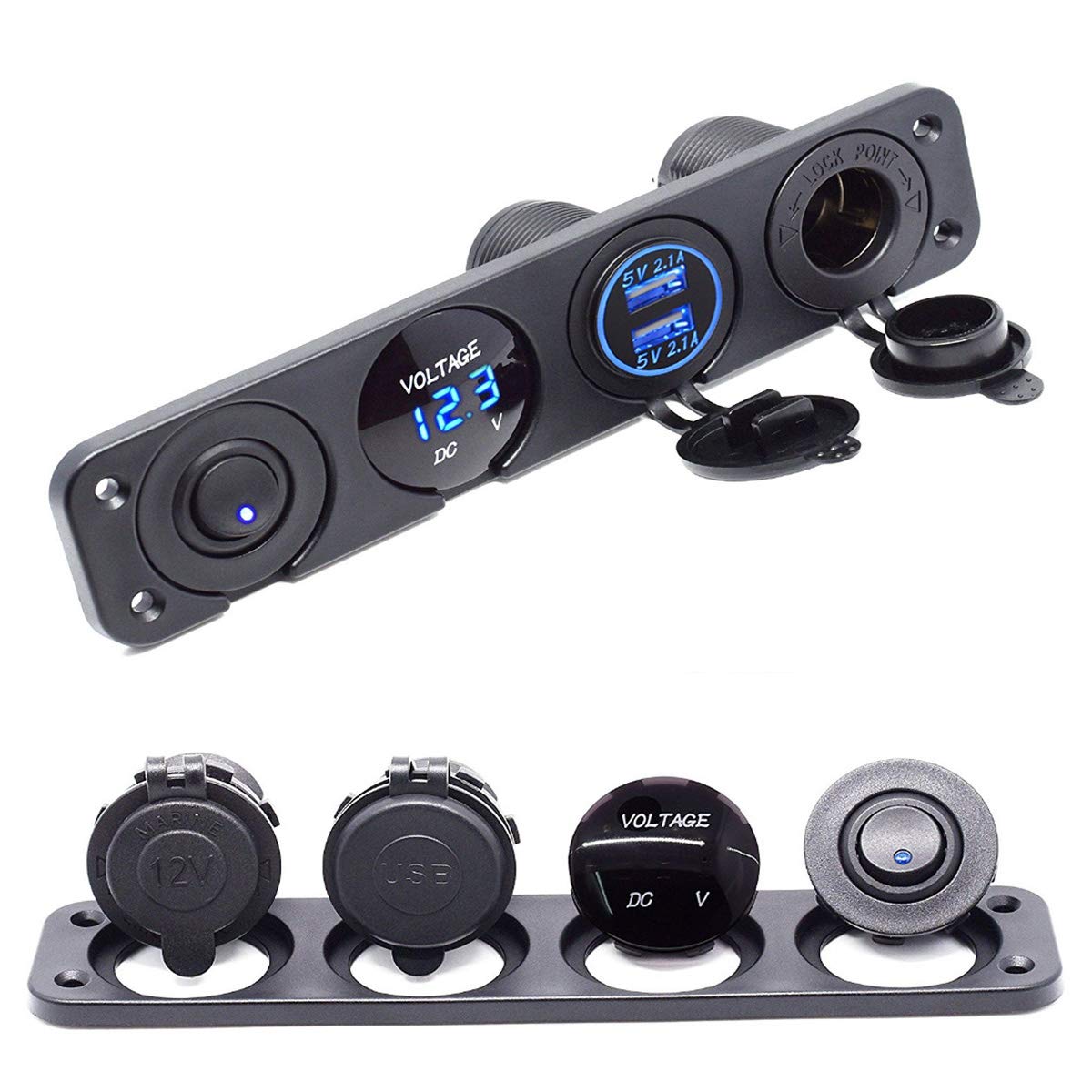 MASO Dual USB Socket Charger 2.1A&2.1A + LED Voltmeter + 12V Power Outlet + ON-OFF Toggle Switch 4 in 1 Multi-function Panel for Truck Trailer Camper Motorhome Marine Car Boat Mobiles(Blue)