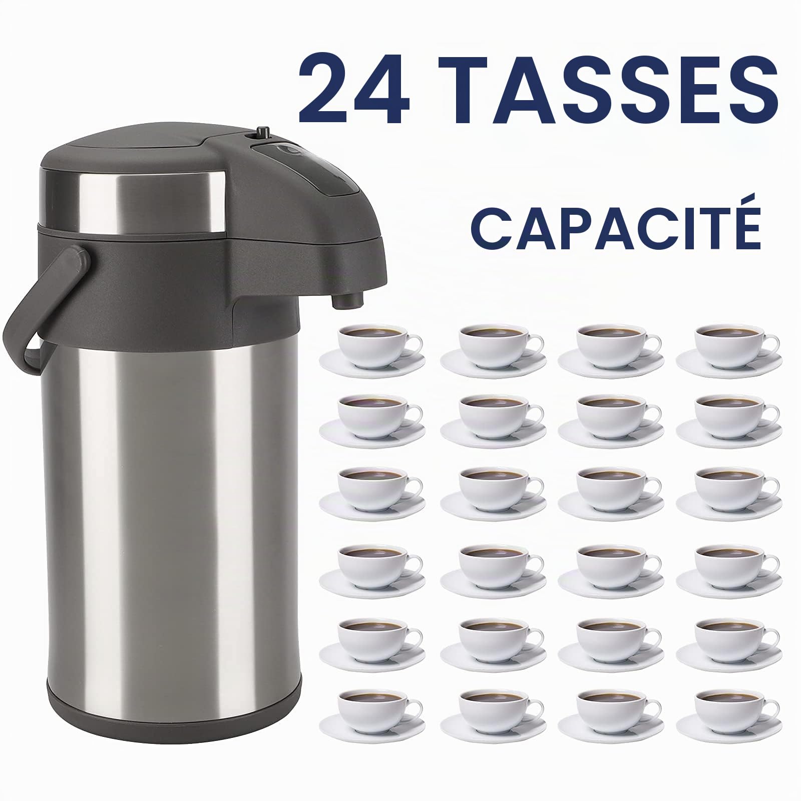 Cafetière isotherme à pompe de 4 l - En acier inoxydable - Double paroi - Avec mécanisme de pompe - Carafe à café pour 24 tasses - Argenté