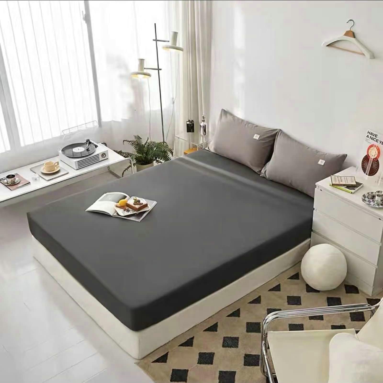 Sábanas 3 fundas de almohada 220 x 180 cm Juego de sábanas Super King Size 3 piezas de poliéster, color liso, gris oscuro