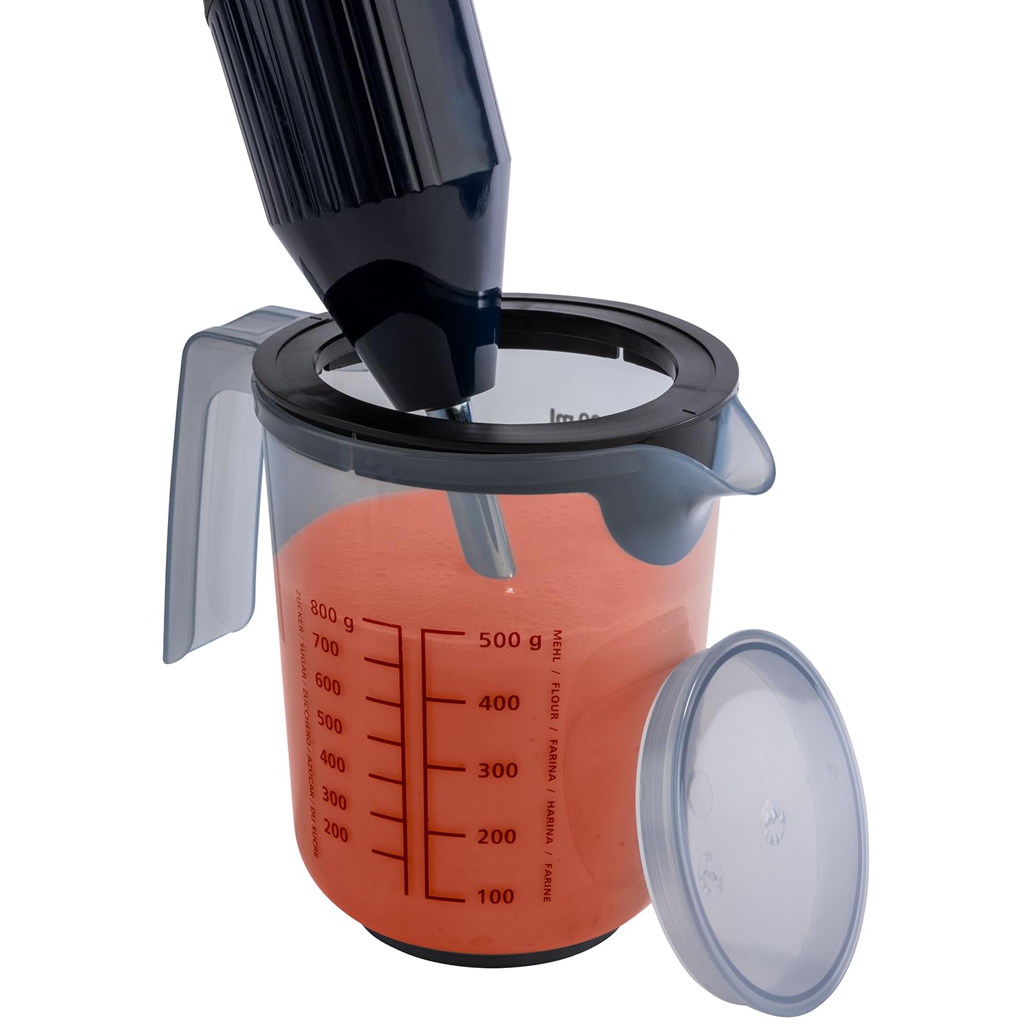APS 30072 Kubek do mieszania z pokrywką – kubek z miarką do płynów (l/ml), cukru (g) i mąki (g) / pojemność 1 litr/Ø 12,5 cm/wysokość 16 cm/nadaje się do mycia w zmywarce, szary francuski
