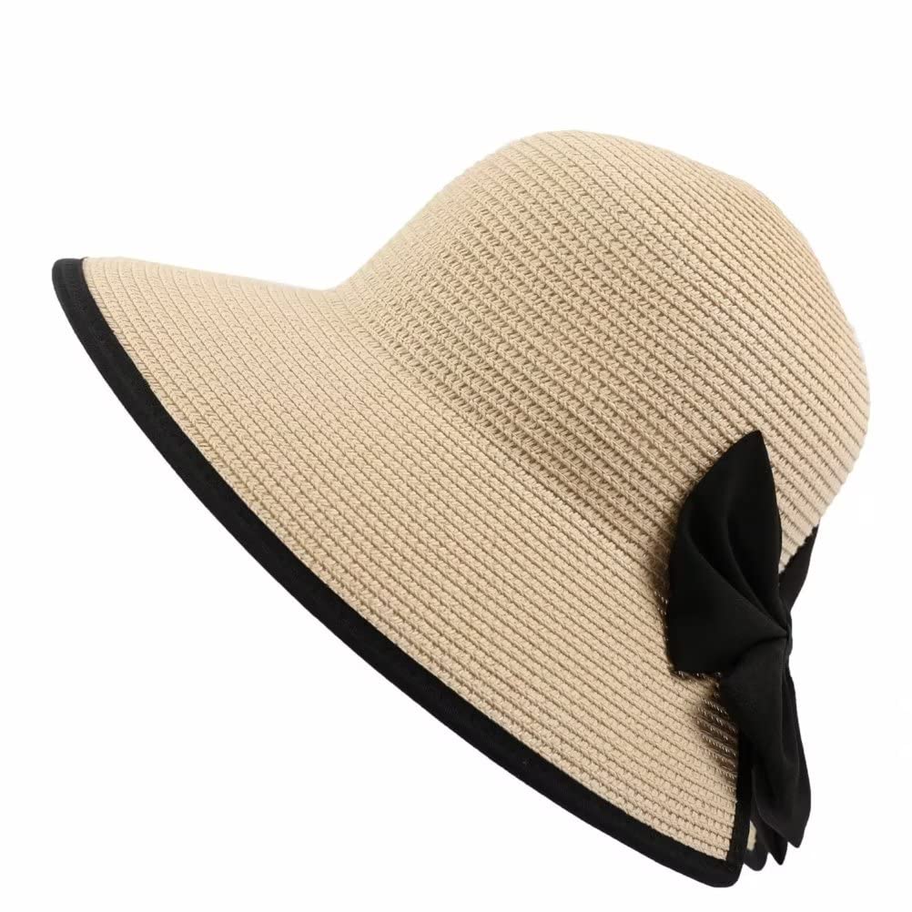 Plancholo Women's Beige Sun Hat Summer Straw Panama Hats Fedora Beach Hat With Bowknot For