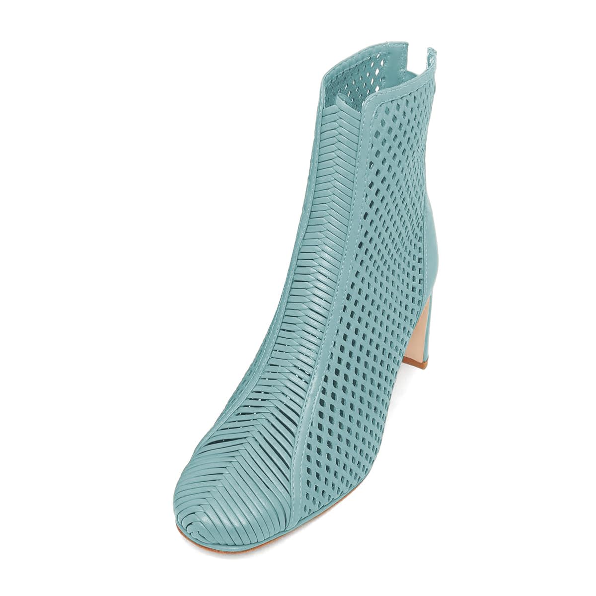 XYD Women Stylish Woven Perforated Ankle Boots Slender Block Heel Back Zip Round Toe Booties Brunch Casual Shopping