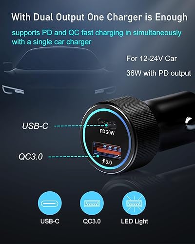 Miniatura 6 de Cargador de coche USB C, paquete de 2, adaptador de encendedor de cigarrillos de 38 W, 12 V, salida USB, PDQC, carga rápida, enchufe para iPhone 16