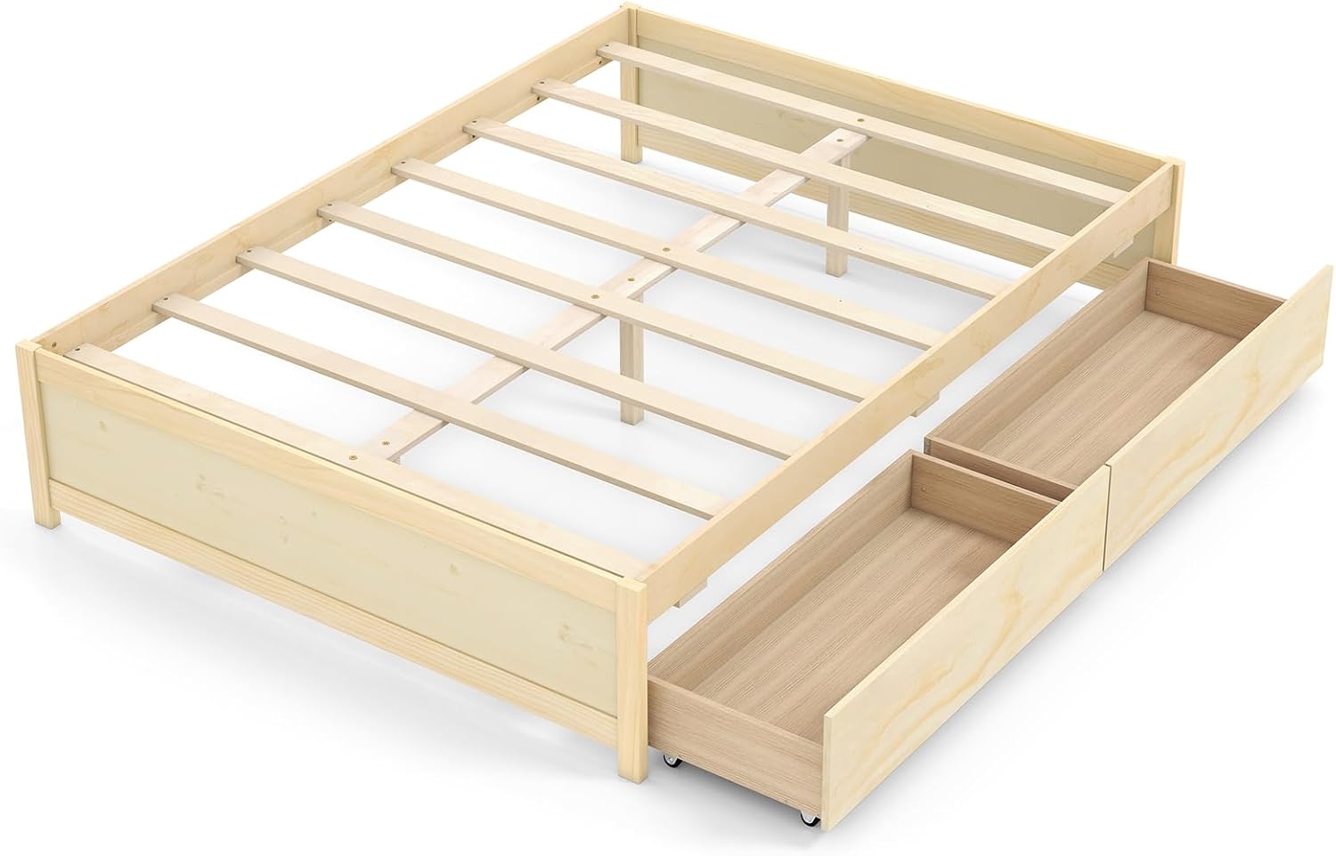 Exploded view of bed frame components including frame, slats, and two drawers
