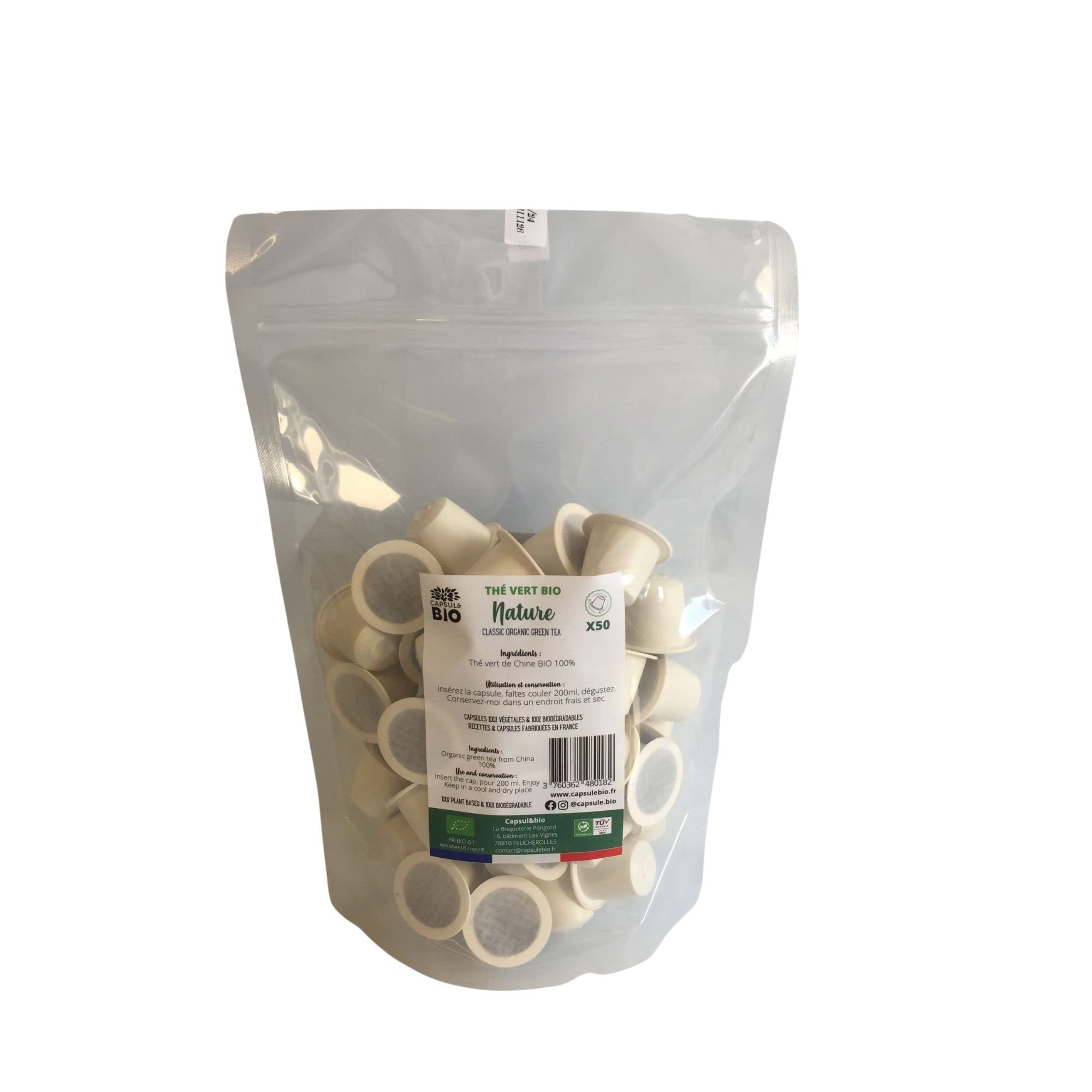 CAPSUL&BIO 50 cápsulas de Té Verde de China - Nature Organic Green Tea - Biodegradables, sin aluminio y Compatibles con las máquinas de cápsulas Nespresso® - Fabricado en Francia