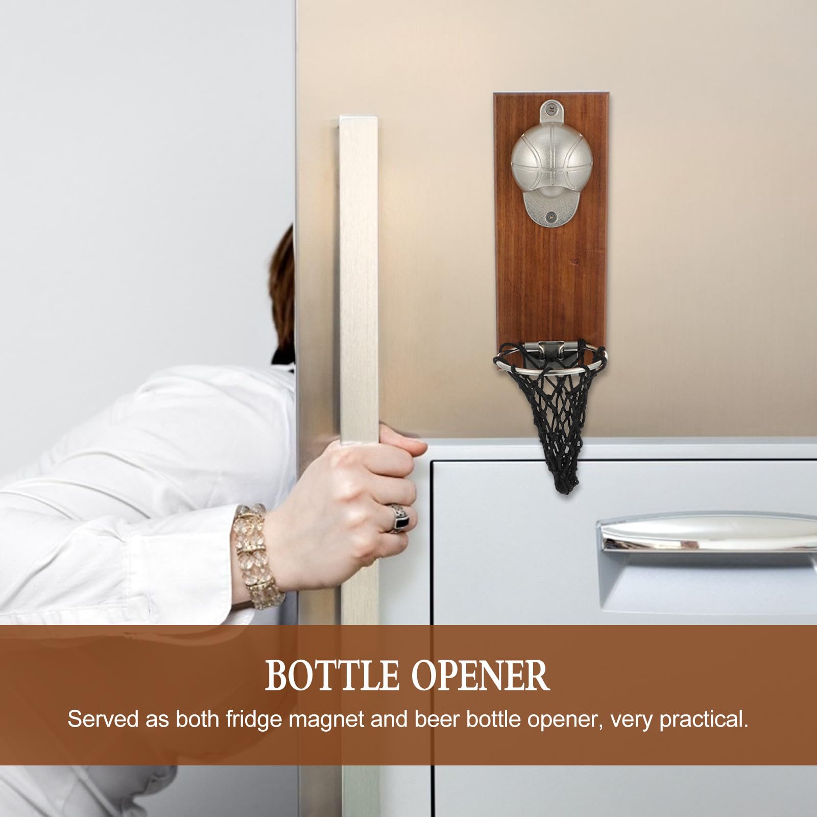 Ciieeo Abrebotellas Adecuado para Cocinas y Restaurantes Acabado Metálico Único Diseño de Baloncesto de Pared Material Madera y Acero Inoxidable, Fácil de Almacenar