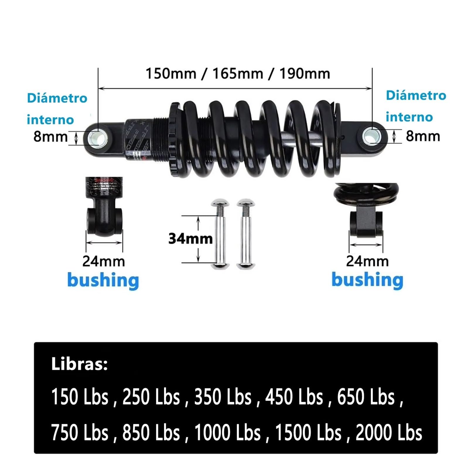Amortiguador Trasero 150mm 165mm 190mm Suspensión Resorte Helicoidal Bicicleta para Silla Ruedas Montaña(190mm 2000lbs)