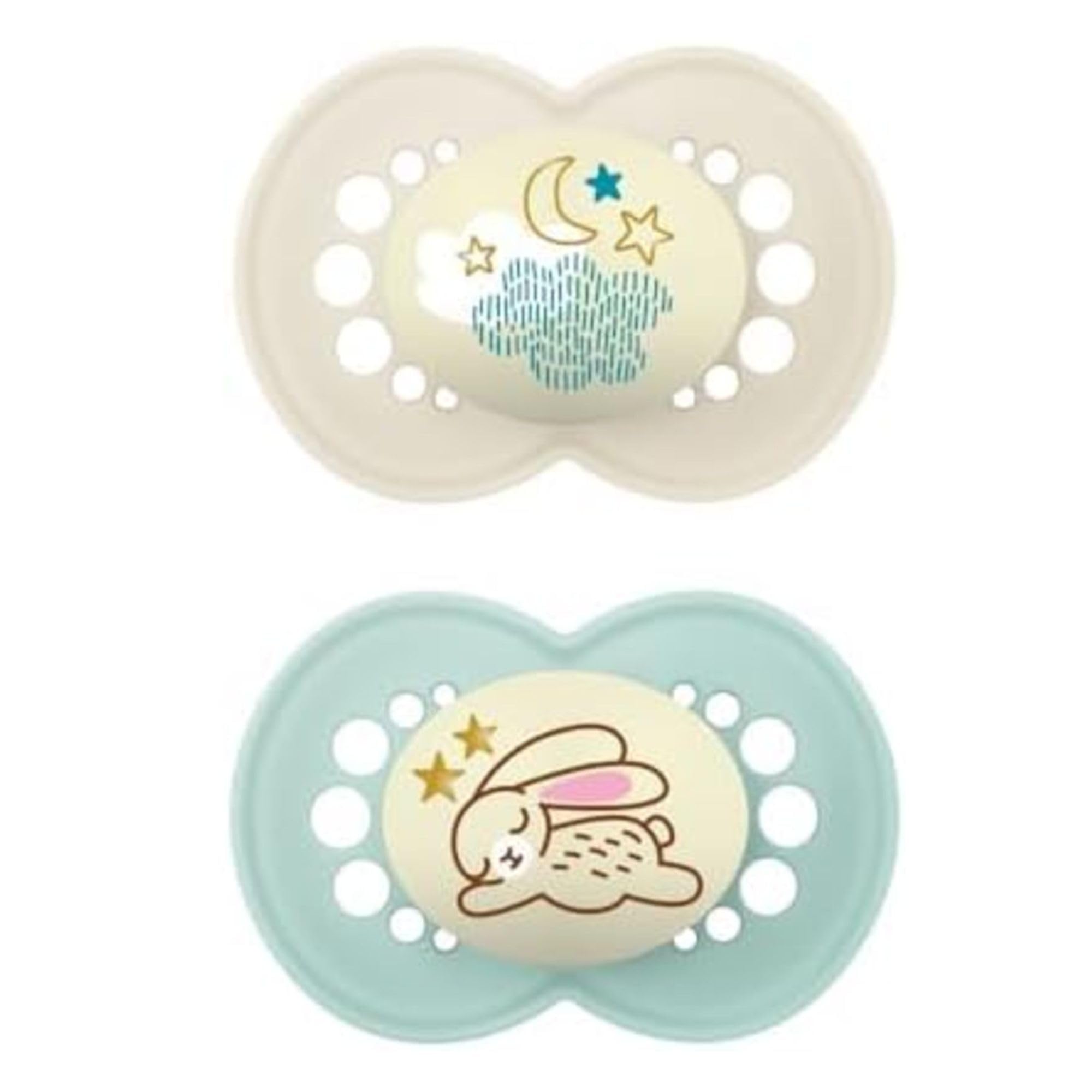 MAM Original Night, Schnuller 16+ Monate (2er-Set), MAM Schnuller 16 36 Monate, leuchtet im Dunkeln mit Sauger aus Kautschuk, 2er-Set Babyzubehör mit Sterilisator-Schnullerhalter, grün/neutral