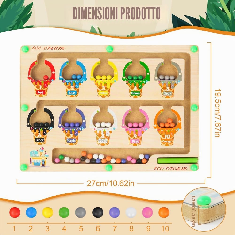 Ainiv Labirinto Magnetico Bambini, Magneti per Lavagna Magnetica in Legno, Numeri Colore Giocattoli Montessori per Bambini, Educativi Giocattoli Regalo per Ragazzi Ragazze 3 4 5 6 7 Anni (Gelato)