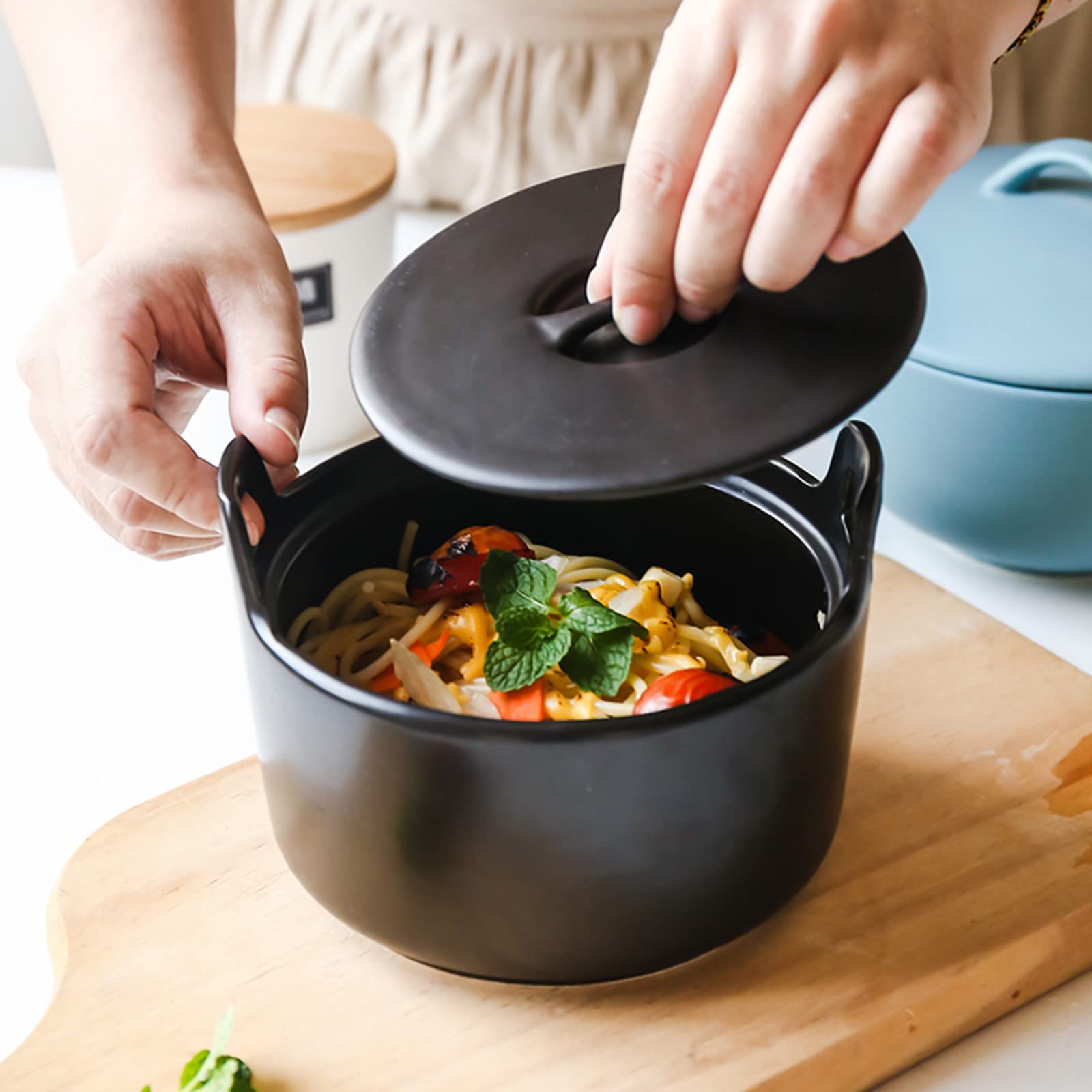 Cuenco de cerámica Ramen Bowl Tazones de sopa profundos Reutilizables Cuenco de desayuno con tapa y mango Adecuado for pasta Sopa Polvo Cereales Ensaladas Lavavajillas Caja fuerte - 800ml