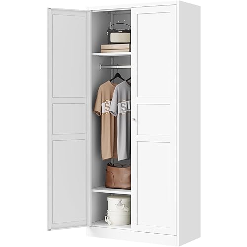 Letaya Wardrobe Armoire Closet,72" H Metal Storage Cabinet with Adjustable Shelves and Hanging Rod,Bedroom Armoire Cabinet Clothes Organizer (White)