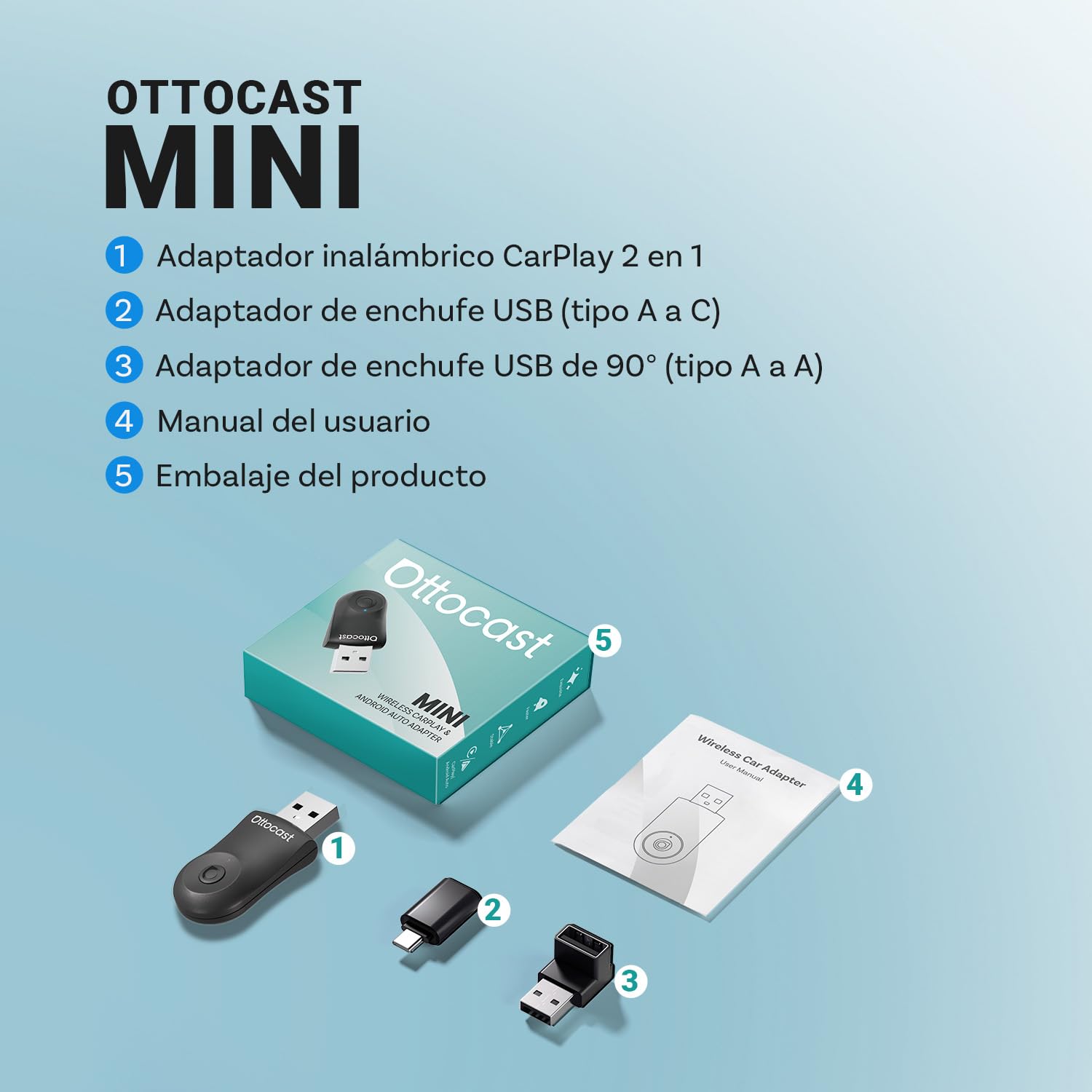 OTTOCAST Mini 2025, Adaptador Carplay Inalámbrico para iPhone, Adaptador Android Auto Plug & Play Convierte el Dongle Carplay con Cable a Inalámbrico Compatible con Autos con CarPlay con Cable y AA