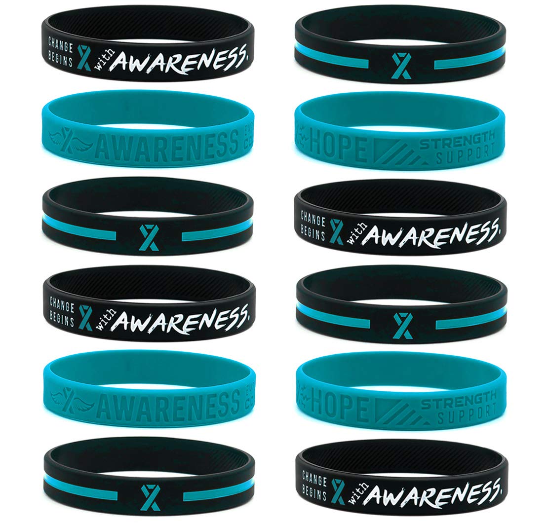 Inkstone(12-pack) Teal Awareness Ribbon Bracelets, Variety Pack - Wholesale Bulk Pack of 12 Silicone Rubber Wristbands to Symbolize Hope, Courage, Strength, and Support - Unisex for Men Women Teens