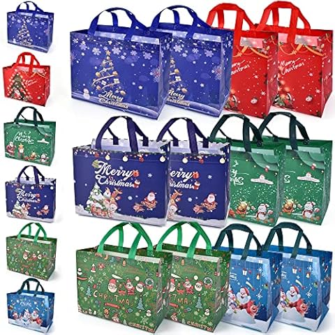 12 PCS Christmas Grocery Bag Large Christmas Bags, Portable Christmas Tote Gift Bag Reusable Bags For Present Shopping 32*24*17CM (6 Styles) Cover