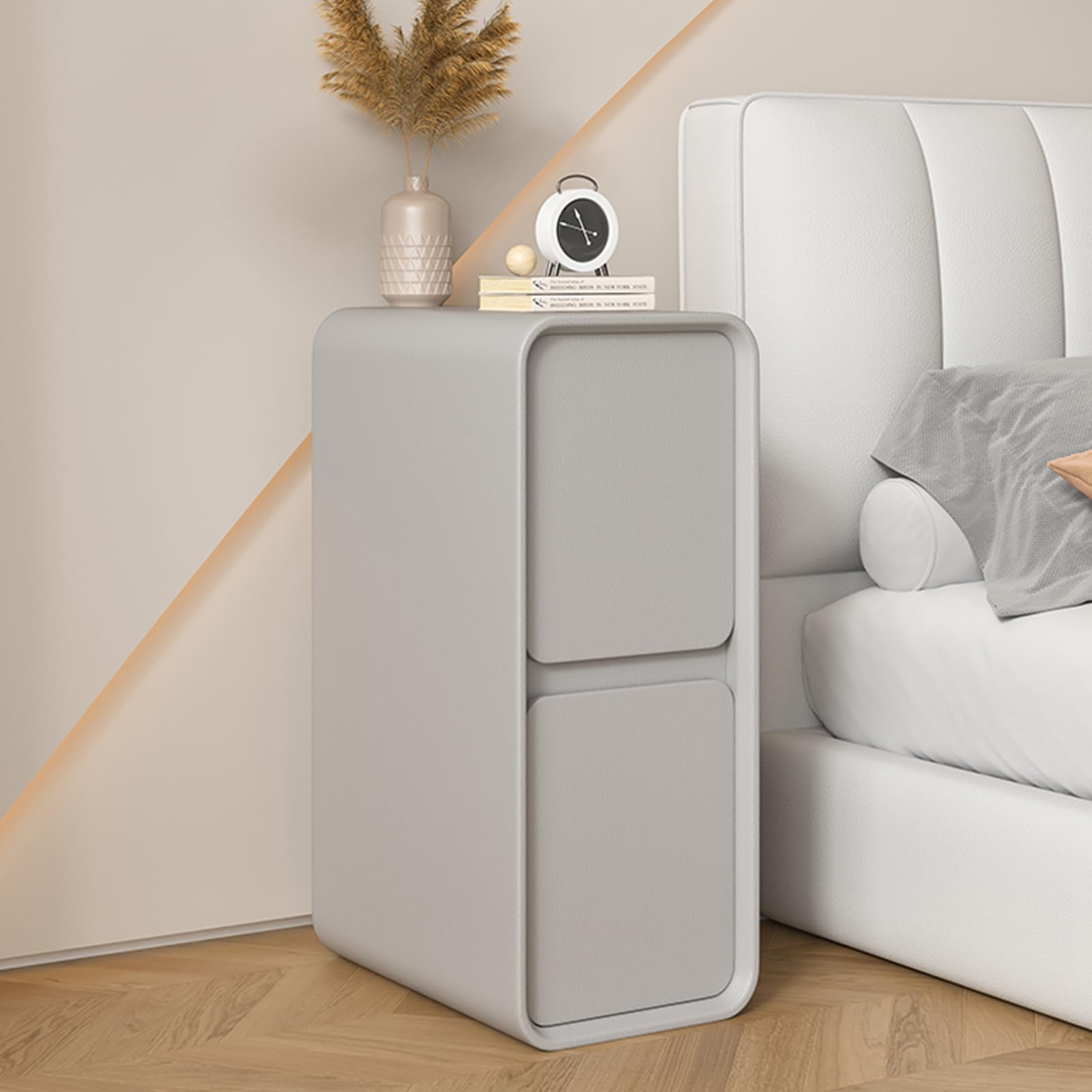MESCXTY Narrow Bedroom Nightstand with Drawers, Small Wooden Bedside Table, Modern Leather Surface, Space Saving Storage Night Stand for Spaces(20x40x47cm(7.8"x15.7"x18.5"), Gray)
