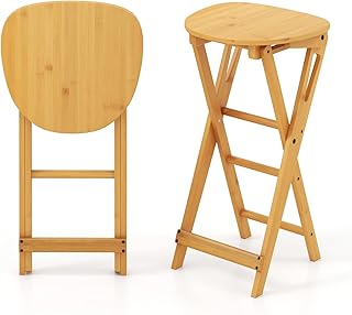 COSTWAY Set of 2 Folding Bar Stool, Bamboo Kitchen Counter Height Stools with Backrest & Footrest, No Assembly Barstool Dining Chairs for Home Bistro, 150kg Weight Capacity (no Backrest, 33x36x61cm)