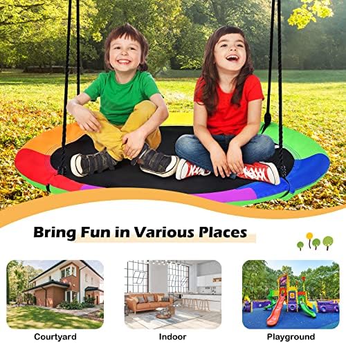 COSTWAY Children Nest Swing, 100cm Hanging Tree Swing Seat with Length Adjustable Rope, Reversible Design Kids Swing Set for Indoor Garden Playground, 150kg Capacity (Green+Multicolour)