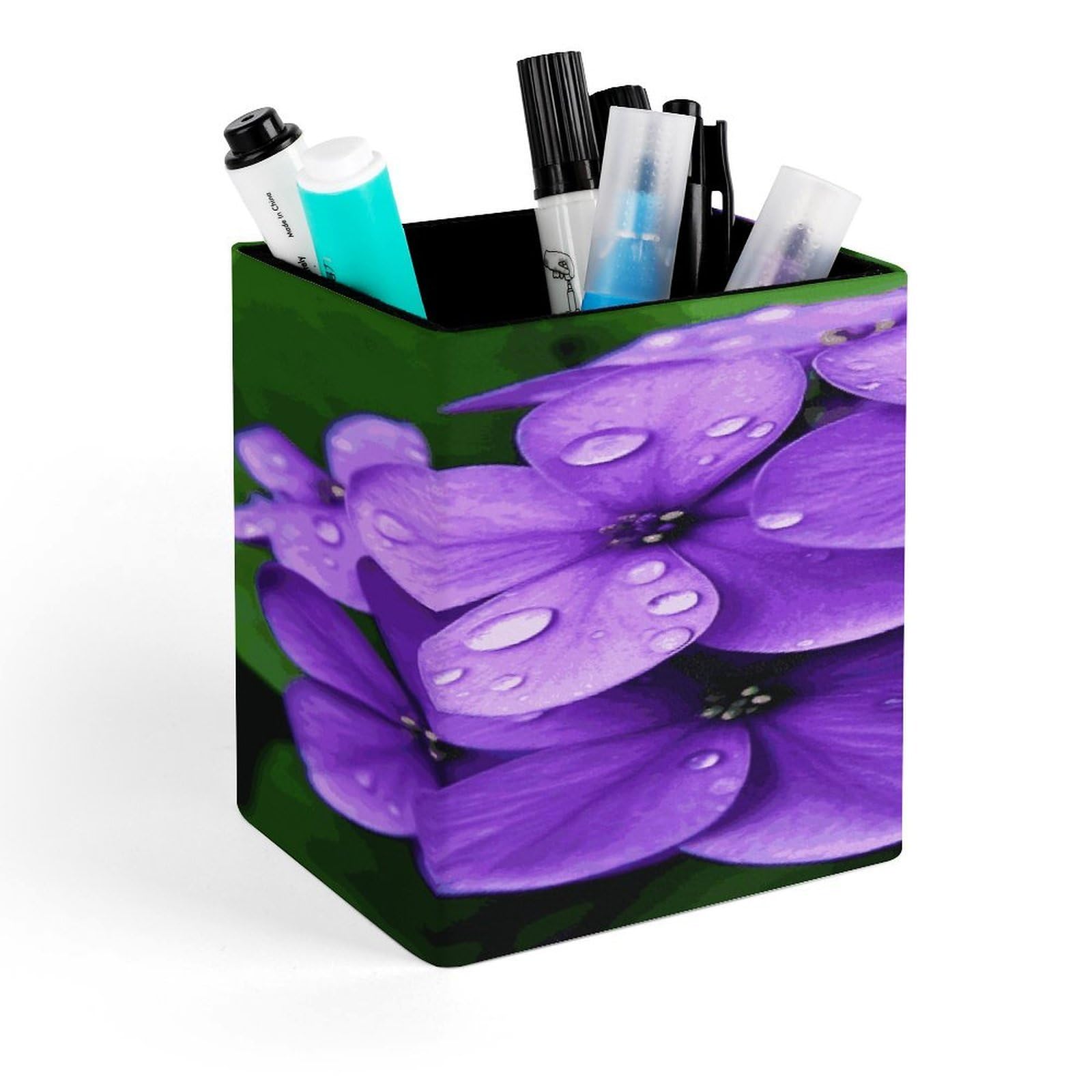 JTREHY - Violet Flower Pen Holder Square Makeup Pencil Holder PU Leather Tumblers Stationery Organizer Office Accessories Container Box