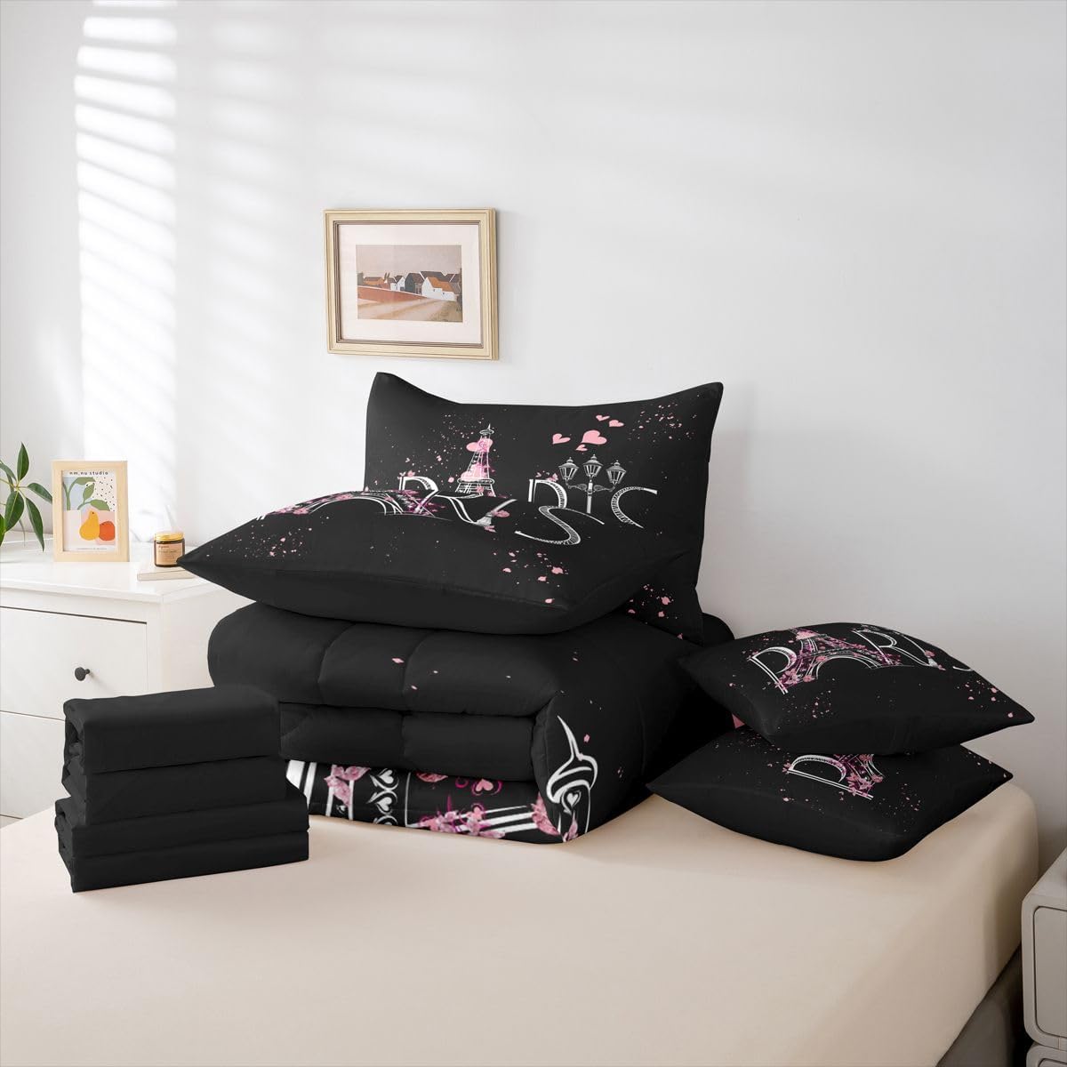 Feelyou Eiffel Tower 7 PCS Comforter Set with Sheets Chic Paris 7 Pieces Bed in a Bag Set Romantic Theme Bed in a Bag for Boys Girls Black Pink Modern French Style Comforter Set with Sheets Queen Size
