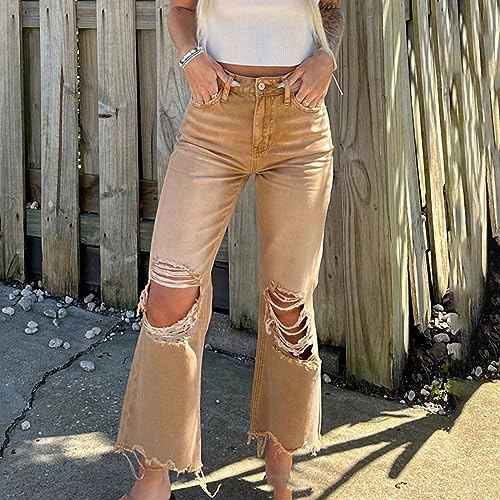 Uillui Bell Bottom Jeans for Women Fashion Ripped Hole Raw Hem Denim Flare Pants High Waisted Distressed Jeans Bootcut Jeans3