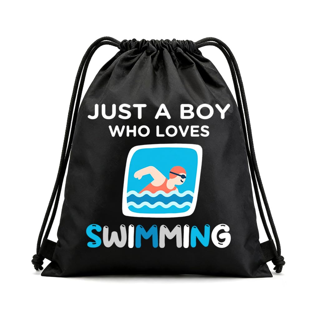 Swim Birthday Gifts for Swimmers Son Grandson Swimming Teacher Gifts for Best Friend Swim Lover Gifts for Brother Just A Boy Who Loves Swimming Drawstring Bag for Gym School Travel