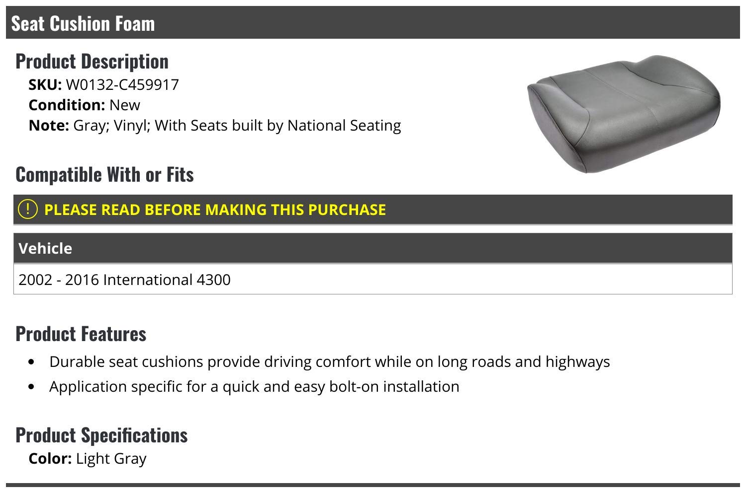 Marketplace Auto Parts Seat Cushion - Light Grey Vinyl - Compatible with 2002-2016 International 4300 (National Seating)