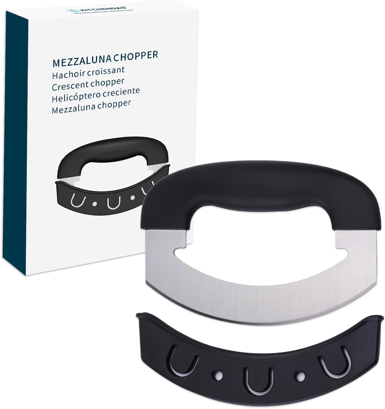 KITCHENDAO Super Sharp Mezzaluna Chopper with Protective Cover, Advanced CNC Sharpening Technology for Fast Chopping, Rocker Mincing Knife, Chop Herbs, Pizza, Vegetables and Nuts -