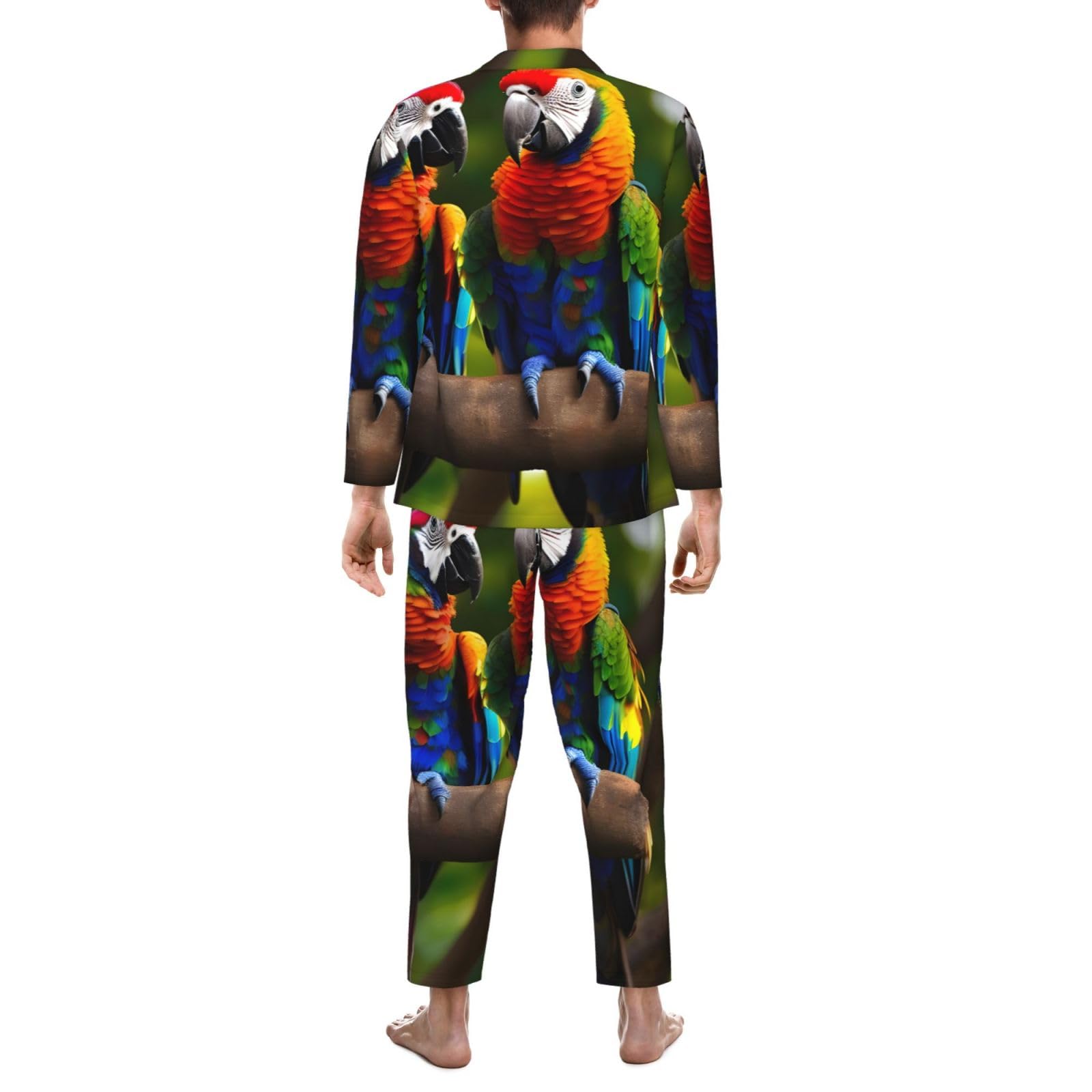 Herren-Pyjama-Set mit bunten Papageien auf Baum, langärmelig, zweiteilig, Hauskleidung, bequeme Nachtwäsche