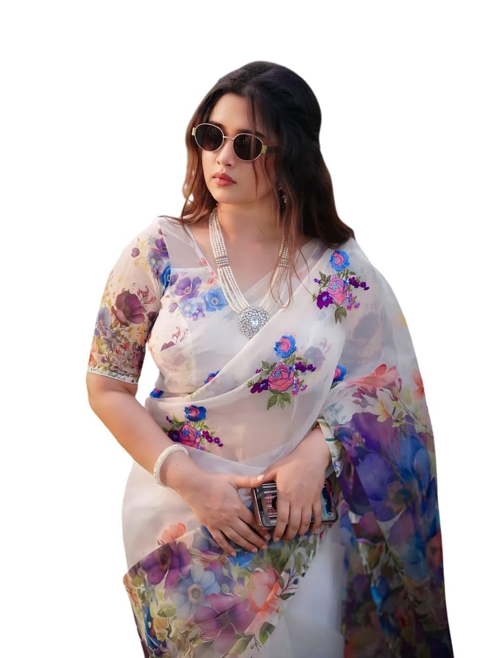Organza Silk Saree with Floral Print, Multi-Coloured Thread Work, Fancy Tassels and Designer Blouse-image-30