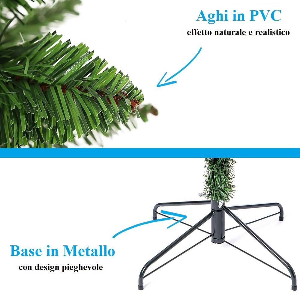 Paluplus Set Albero di Natale Artificiale EXTRA SLIM da 180 cm, con Borsone e Scatola Porta Palline Rossi, Abete in PVC con 479 Rami, Effetto Realistico -745F/516C