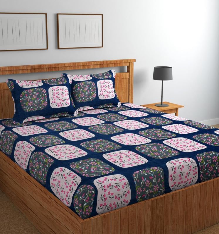 Image of Jashan Elastic King Size Fitted bedsheets with 2 Pillow Cover | King Size bedsheets | 100% Glace Cotton | Fitted bedsheet Cotton King 72 inch x 78 inch inches (Double Elastic Bedsheet, Multi-14)
