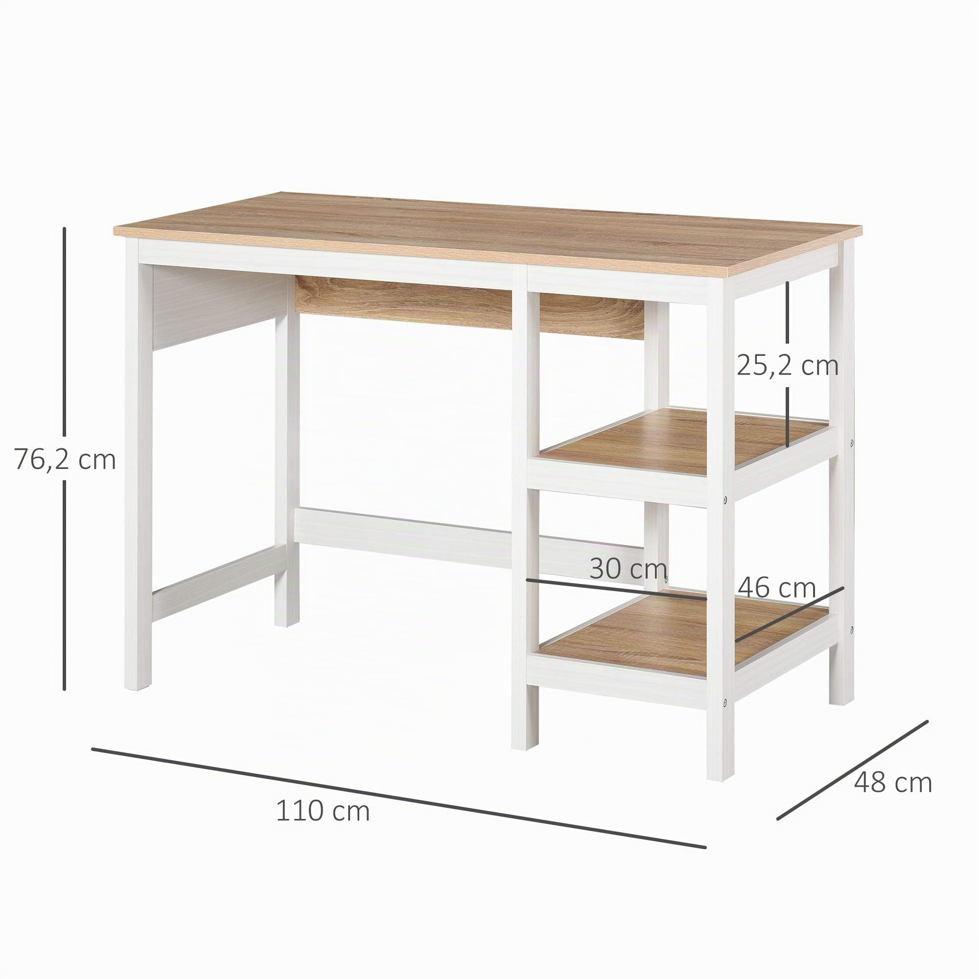 HOMCOM Bureau Informatique Multimédia 110Lx48lx76H cm Chêne Clair Blanc | 2 Étagères Latérales, MDF E1, Bureau Avec Rangement