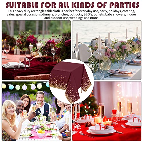 Tegeme 12 Packs Wine Red and Gold Plastic Table Cloths for Parties Disposable Graduation Ramadan Mubarak Tablecloths Decoration with Gold Stamping Dot 108 x 54'' for Birthday Graduation Ramadan Party by Tegeme - Used condition - Image 7
