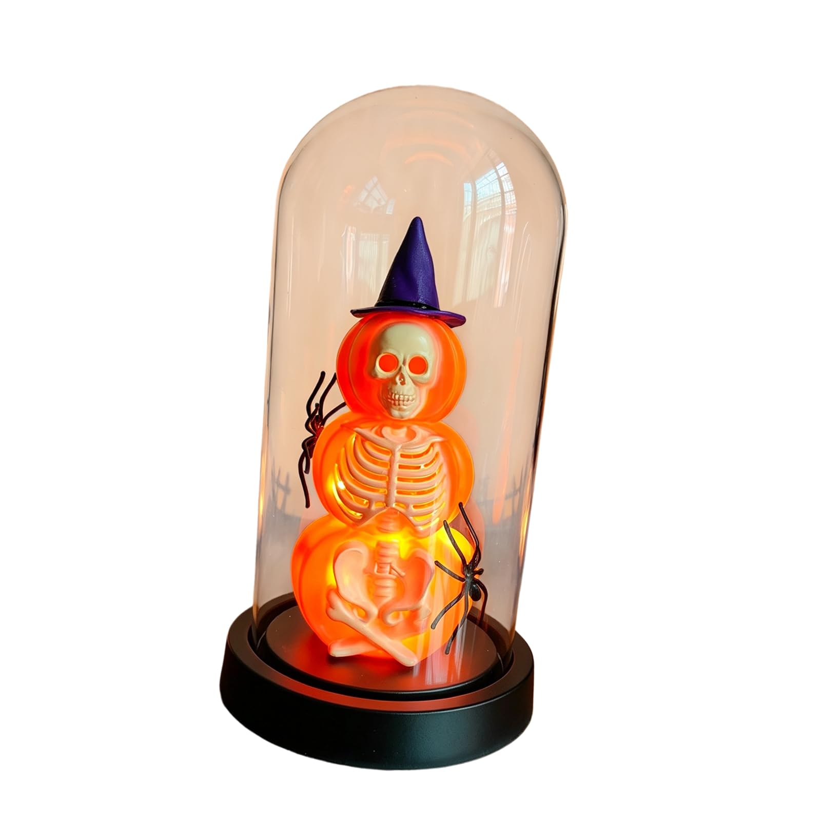 Mekalero Tabletop Glass Dome Decor with Glowing Pumpkin Skeleton, Indoor Halloween Display Accent for Parties, Shelves and Desks Mantel Accent