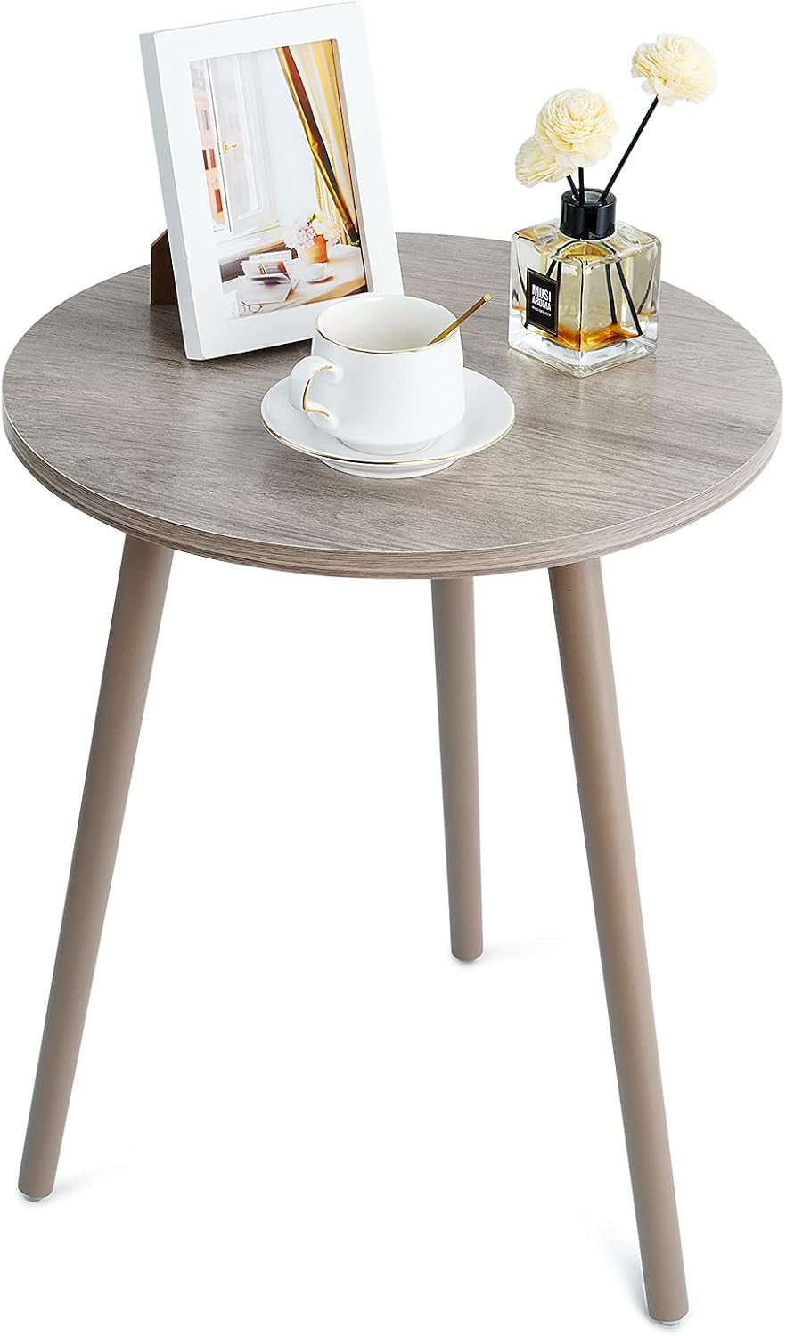Haton Side Table, Round White Modern Home Decor Coffee Tea End Table for Living Room, Bedroom and Balcony, Easy Assembly (16.5 × 20.5 inches, Light Grey)