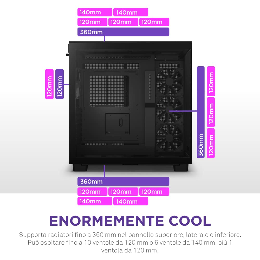 NZXT H9 Flow Case per PC gaming mid-tower ATX a doppia camera, Pannello superiore forato per un elevato ricircolo dell'aria, Pannello frontale e laterale in vetro temperato, Nero, CM-H91FB-01