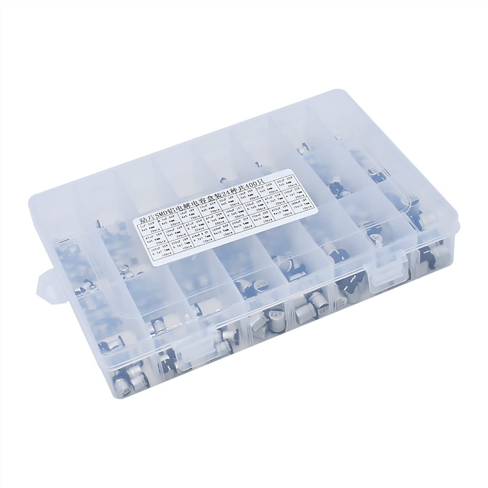 Condensadores 1UF~1000UF 6.3V-50V 400Pcs 24Value SMD Kit de surtido de condensadores electrolíticos de aluminio + caja