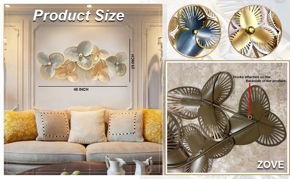 Image of ZOVE Metal Clover Leaf Wall Decoration - 3D Wall Art Hanging Sculpture | Elegant Metal Wall Decor for Living Room, Bedroom & Hotel Interiors | 48 x 25 Inch