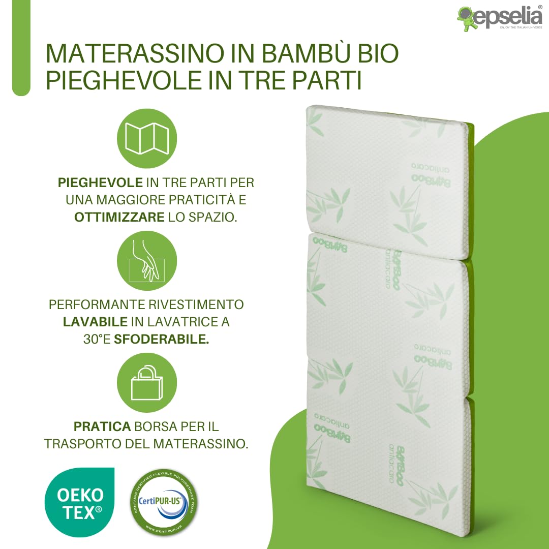 EPSELIA Materasso Lettino per Bambini Pieghevole BAMBU' BIO con Borsa per Viaggio o Campeggio, cm 60x120 H6 Certificato Antisoffoco EN16890:2017 Poliuretano con Fori CertiPUR™ OEKO-TEX®