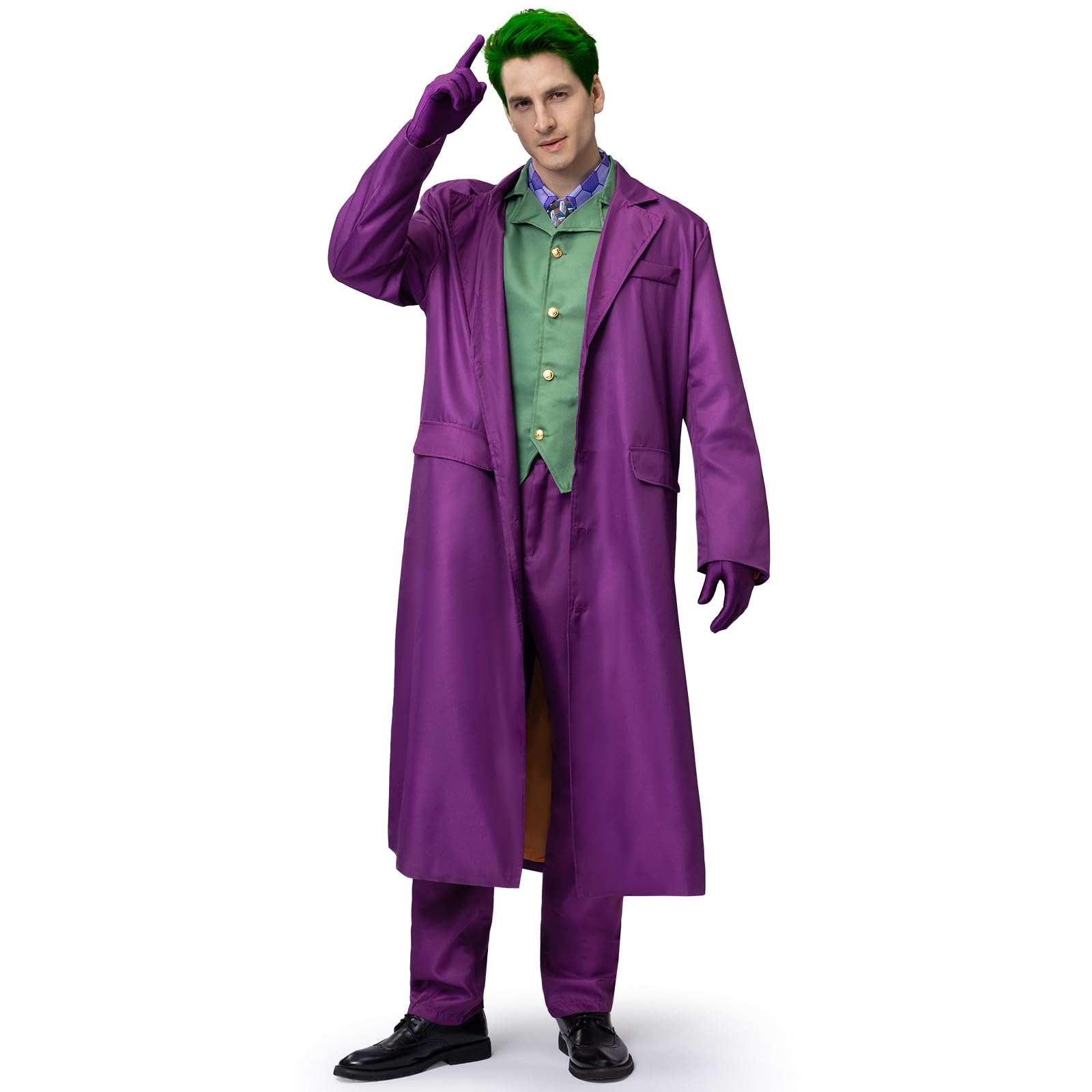 IEEILULU Disfraz Joker Hombre, Disfraz de Payaso Terror Hombre Halloween Disfraz Joker con Abrigo Morado, Chaleco Verde, Pantalones, Corbata, Cuello de Camisa Falso y Guantes para Halloween