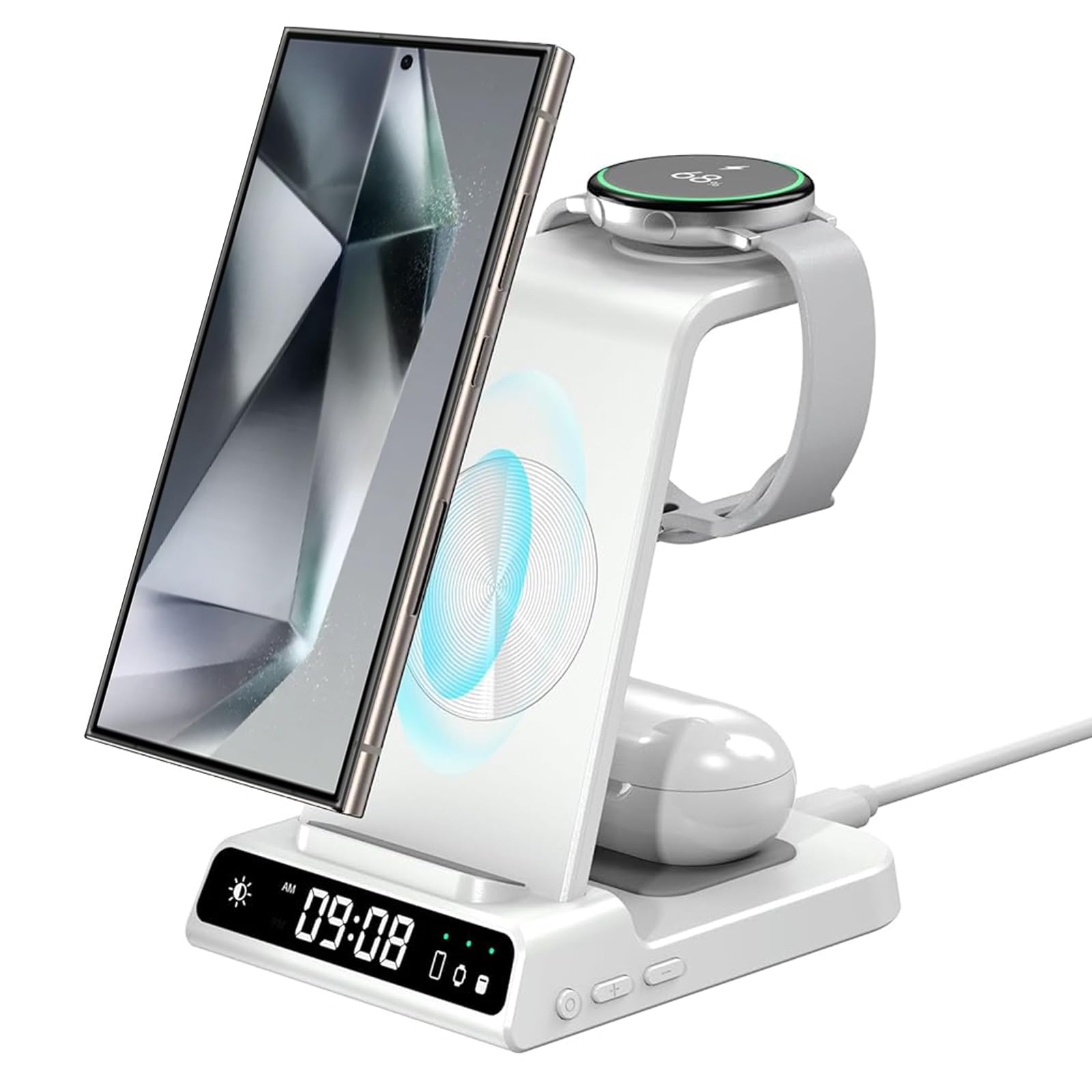 Wireless Charger for Samsung Galaxy S24 Ultra Charger with Clock, 3 in 1 Charging Station for Multiple Devices Samsung Galaxy S24/S23 Ultra/Fold 5/Galaxy Watch 6/5/Buds/Andorid