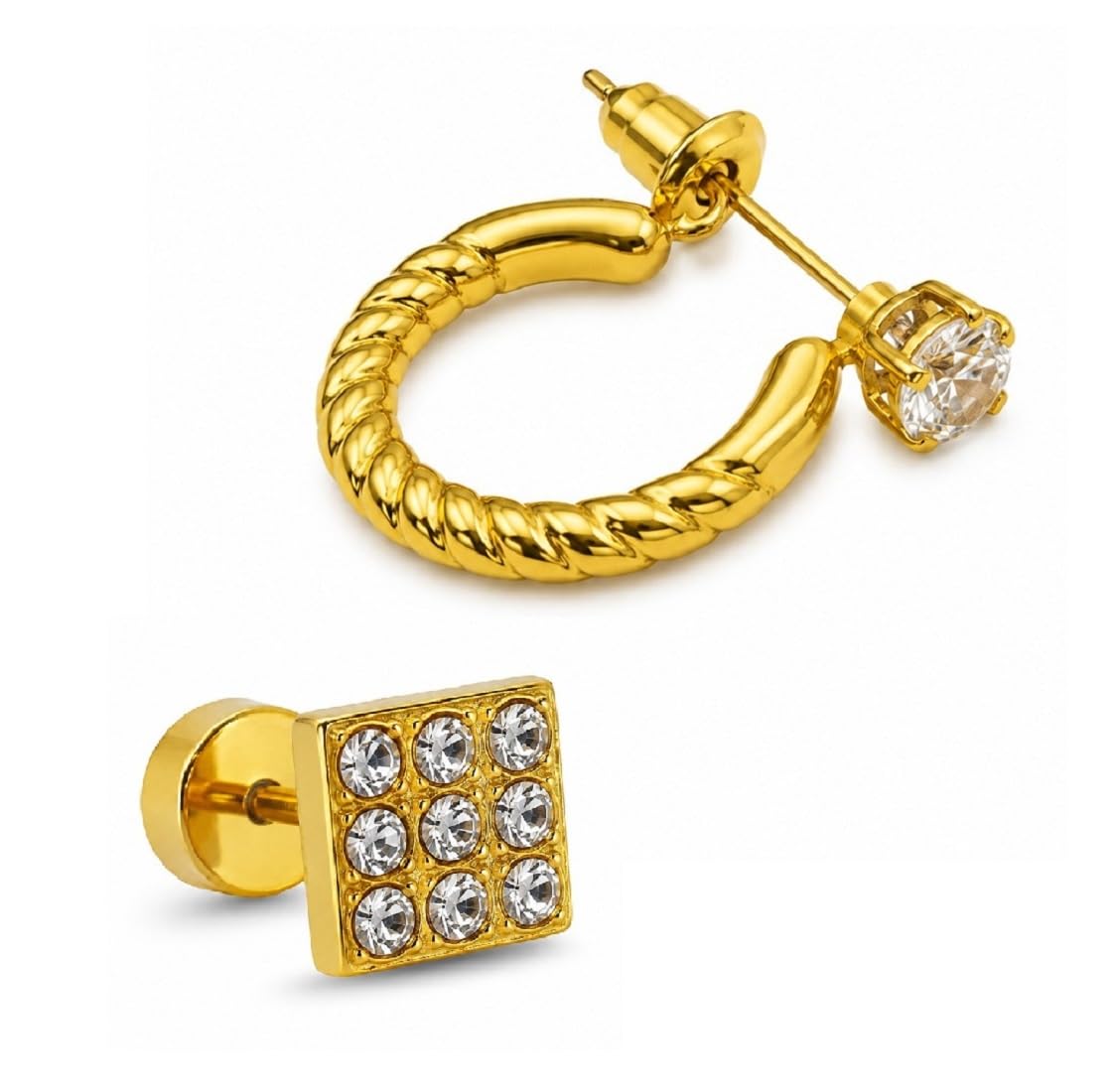 adhvik Combo of Men Golden Square Stud & Golden Rope Style Stone Ear Earrings Stylish Boys Fashion Trendy Party Daily Wear-picture-28