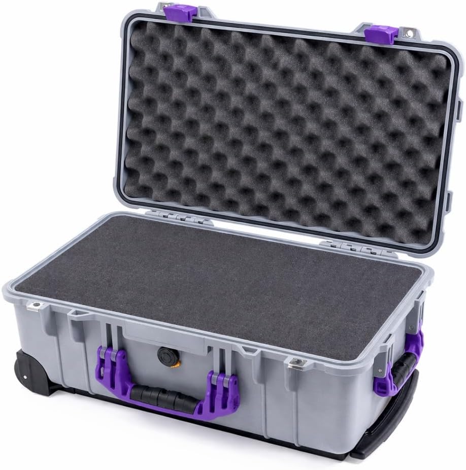 Silver Pelican 1510 Carry-on Case. Comes with Pluck Foam & Purple Handles & Latches.