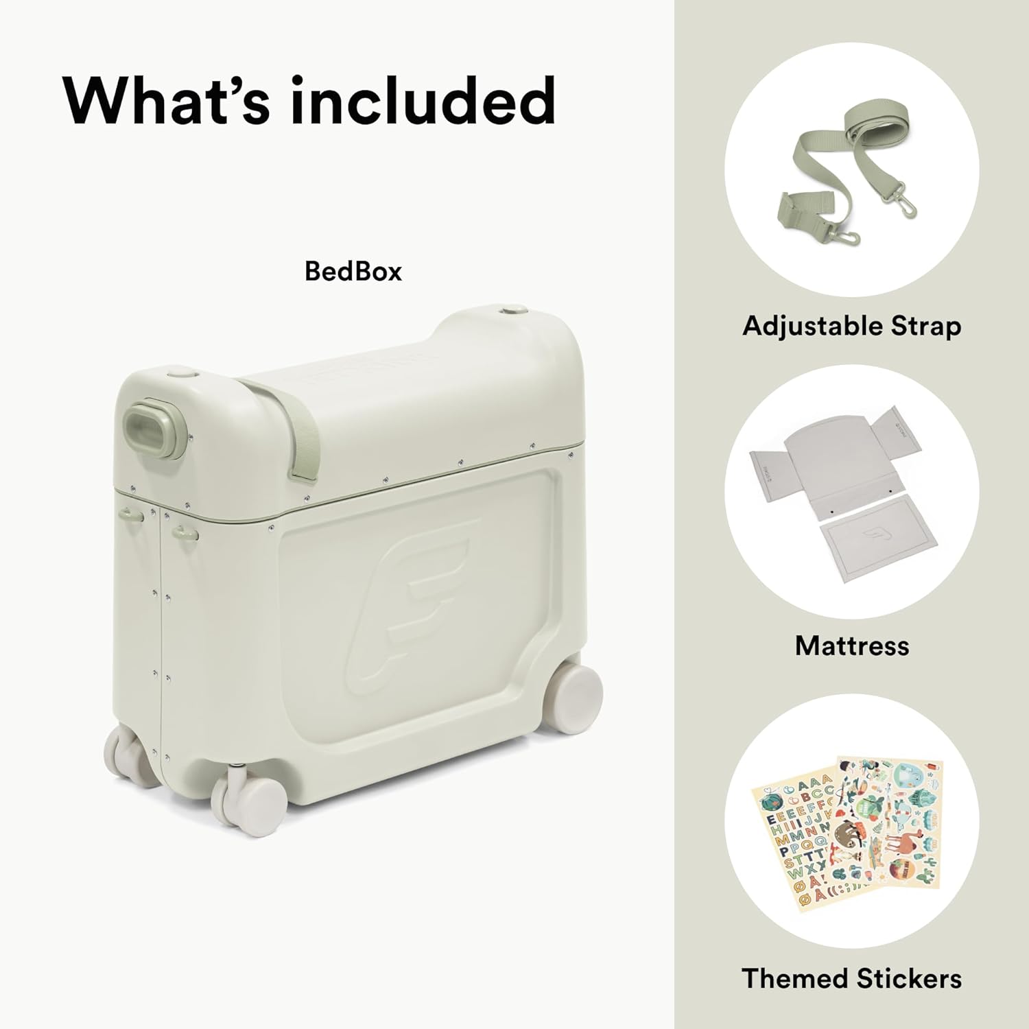 Stokke JetKids BedBox, Sea Green - Ride-On Suitcase for Kids 2-7 Years Old (up to 77 lbs) - Transforms Into Bed - Includes Mattress, Decorative Stickers & Adjustable Carrying Strap