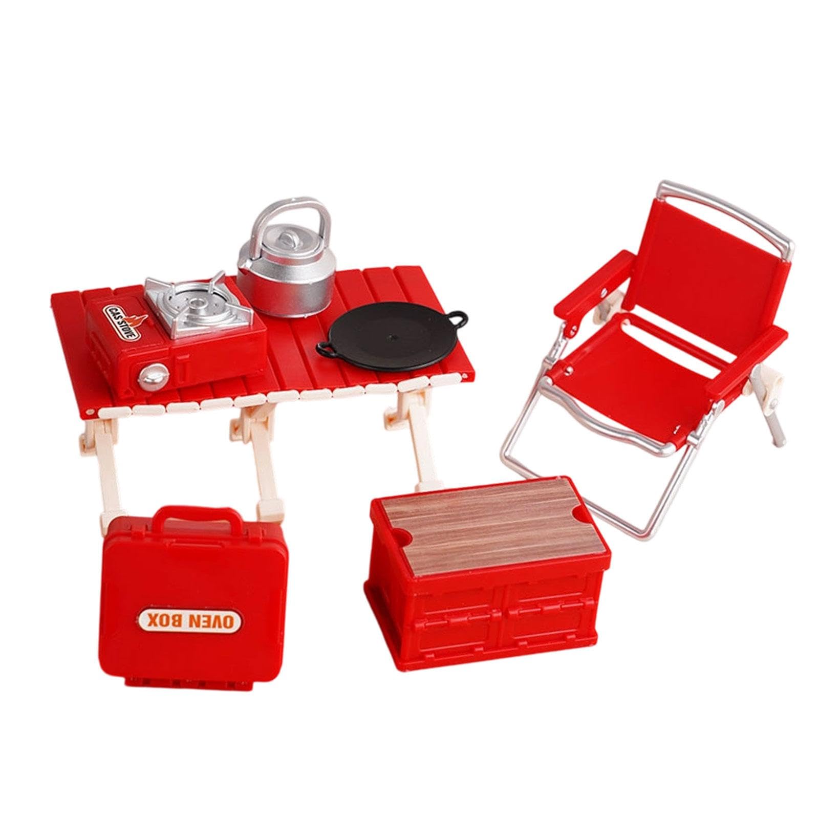 7 Pieces Camping Toys Miniature Picnic Set Pretend Play for Kids Dollhouse Accessories with Foldable Furniture Suitable for 1-3 Years Old, red