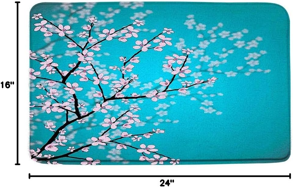 AMFD Cherry Blossom Bath Mat Spring Japanese Sakura Tree Branch Pink Floral Flower Artwork Bathroom Shower Mat Kitchen Rug Microfiber Memory Foam 16x24inches and 16x48inches,Teal Pink,40x60cm,40x120cm