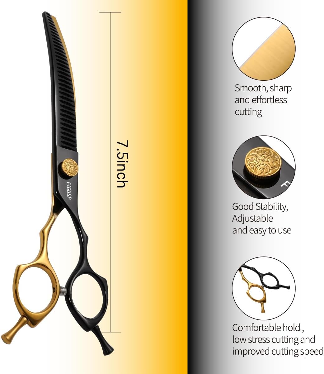 Professional Curved Chunkers Shears Dog Grooming 7.5'' Black & Gold Curved Thinning Dog Grooming Scissors for Large Dogs Pet 35 Teeth Japan 440C(Curved Chunkers,Black Gold)